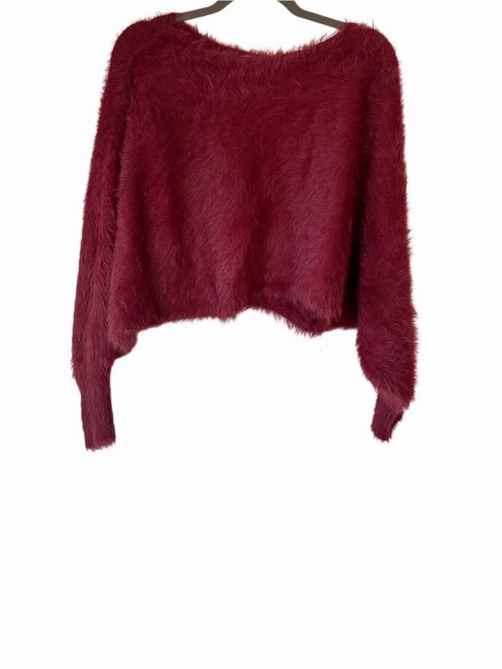 Fuzzy Burgundy Cropped Boatneck Sweater - Women Sz XS cute trendy fall winter
